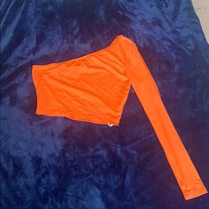 Off the shoulder neon orange shein shirt